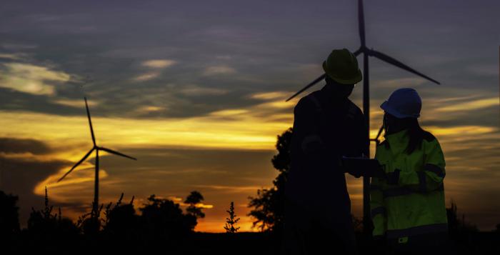 Windfarm and engineers at dusk