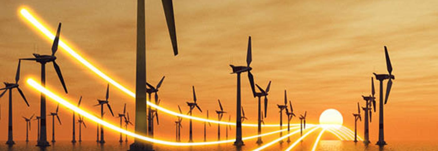 Wind turbines in the sunset with glowlines