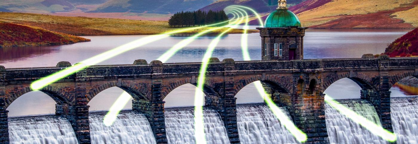 Landscape dam with water and glowlines