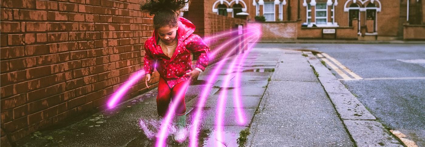 Child jumping in puddle - with expanded glowlines