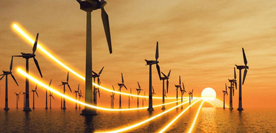 Wind turbines in the sunset with glowlines