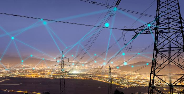 Voltage transmission lines above city