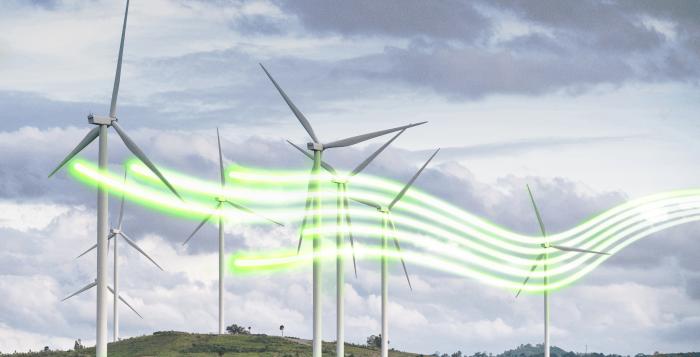 Wind turbines on hill with glowlines