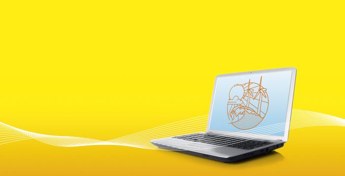 An open laptop over a yellow-orange background with energy lines flowing across it 