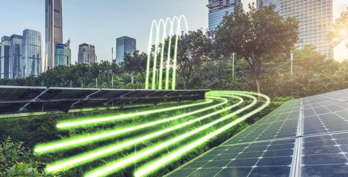 City glow lines with solar panels