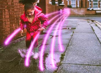 Girl running in rain with glowlines